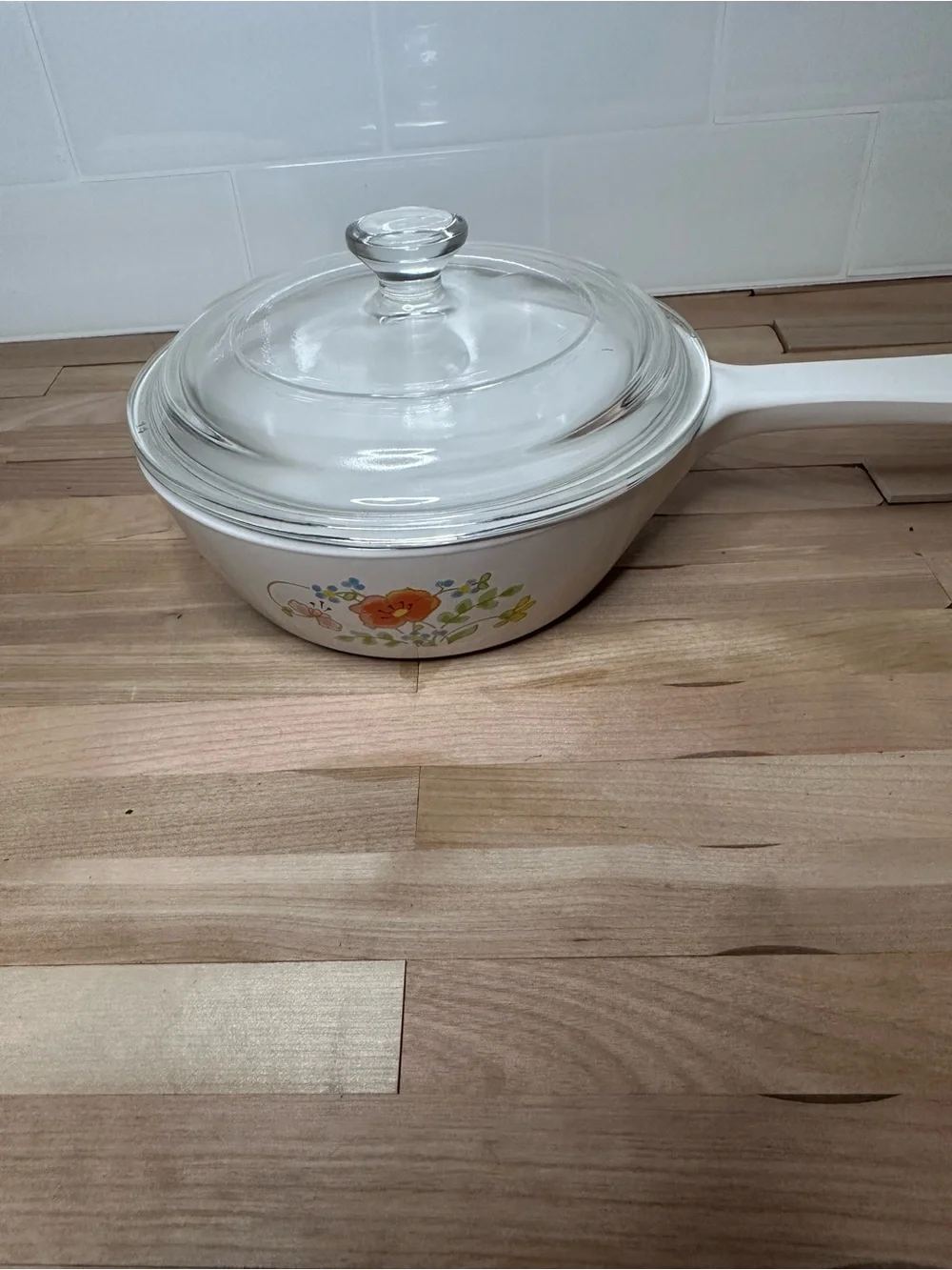 Corningware White Ceramic Saucepan with Floral Accent (Wildflower) and Glass Lid